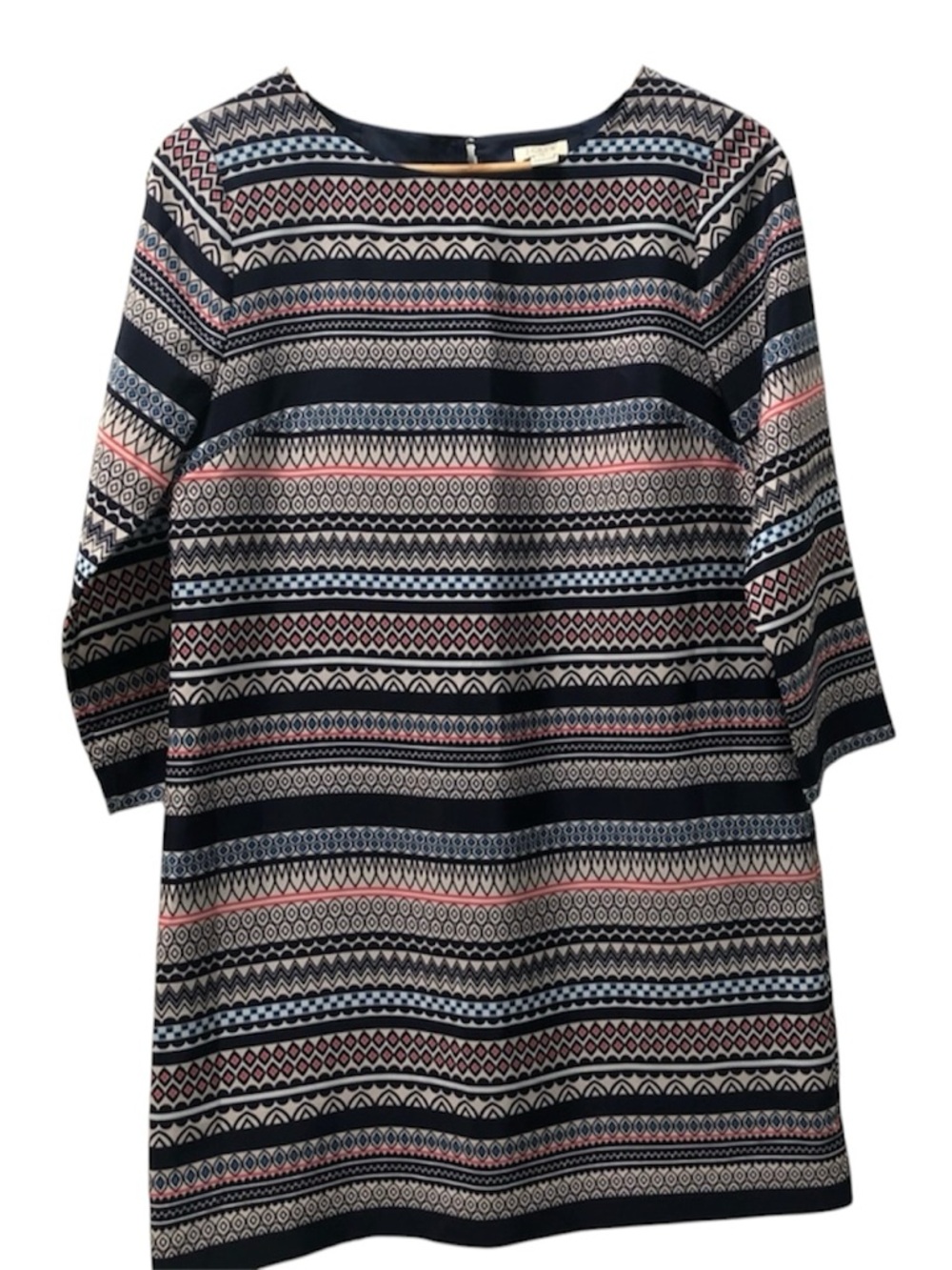 J.Crew Factory Geometric Shift Dress 6 Petite 3/4 Sleeve Navy Blue Work
